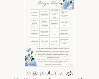 Bingo Photo Mariage Français (Modèle Canva), téléchargement immédiat, A4
