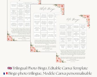 Trilingual Wedding Photo Bingo Game, Editable Canva Template, Pink Watercolour Flowers (Instant Download)