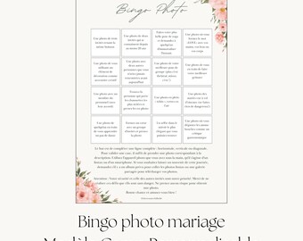 Bingo Photo Mariage Français Fleurs Roses (Modèle Canva), téléchargement immédiat, A4