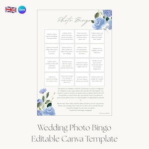 May include: A white rectangular wedding photo bingo game card featuring blue watercolor floral illustrations in the corners. The card contains a four-by-four grid of photo challenges with black text instructions and a title that reads Photo Bingo.