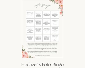 Fotobingo Hochzeit Deutsch, Rosa Blumen (Canva Vorlage), Hochzeitsspiel für Gäste zum Ausdrucken, Sofort Download, A4
