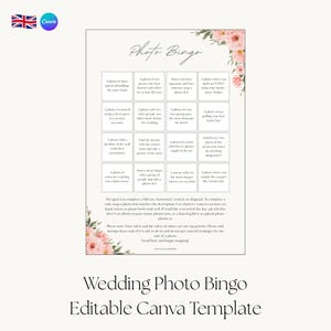 May include: A rectangular wedding photo bingo game card featuring a grid of sixteen squares with text prompts, decorated with pink floral illustrations in the top right and bottom left corners. The title reads Photo Bingo in script font.
