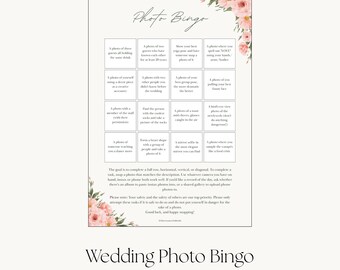 Wedding Photo Bingo Game, Pink Watercolour Flowers, Editable Canva Template (Instant Download)