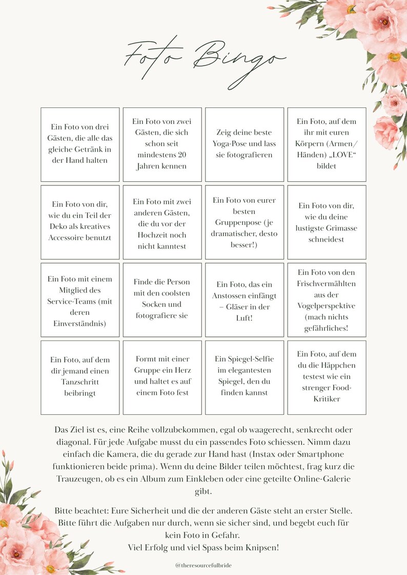 May include: A white card with pink floral accents at the top and bottom corners, featuring a 4x4 grid titled "Foto Bingo" in cursive script. Each square contains German text listing photography tasks for guests, with instructions below.