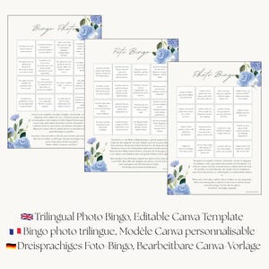 May include: Three rectangular Photo Bingo game cards featuring a grid of tasks, elegant blue rose floral illustrations in the corners, and the title Photo Bingo in script font. The cards contain text instructions and lists of photo challenges.