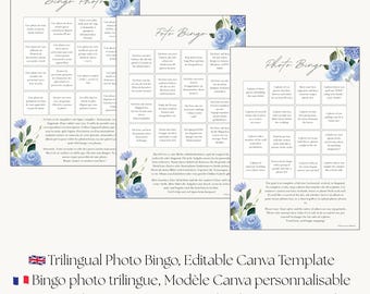 Trilingual Wedding Photo Bingo Game, Editable Canva Template (Instant Download)