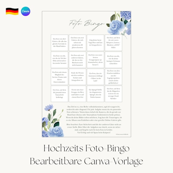 Fotobingo Hochzeit Deutsch (Canva Vorlage), Hochzeitsspiel für Gäste zum Ausdrucken, Sofort Download, A4