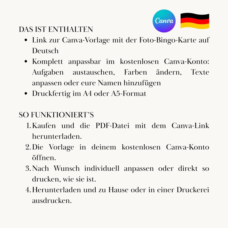 May include: A digital product information sheet featuring the text DAS IST ENTHALTEN and SO FUNKTIONIERT'S, detailing a customizable German photo bingo card template for Canva, including instructions for downloading, editing, and printing in A4 or A5.
