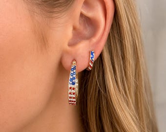 Patriotic Hoop Earrings, 4th of July Earrings, Red White Blue Rhinestone Hoops, American Flag Huggie Earrings, Independence Day Jewelry Gift