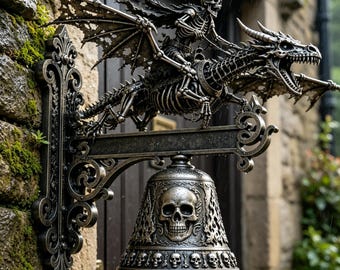 Skull Dragon Knight Wall Bell, Skull Bat Doorbell, Halloween Stone House Outdoor Spooky Wall Decoration Gift for Fans