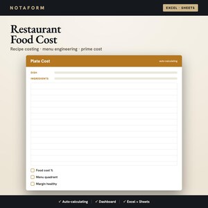 Restaurant Food Cost Spreadsheet, Menu Engineering Excel, Recipe Costing, Plate Cost, Prime Cost Tracker, Cafe, Google Sheets