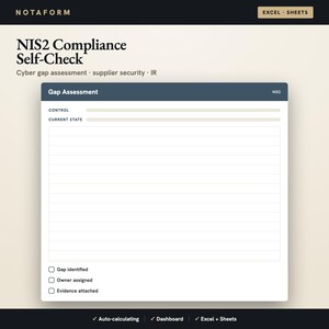 NIS2 Compliance Self Check Excel, Cybersecurity Gap Assessment, Supplier Security Questionnaire, Incident Reporting, Editable Spreadsheet