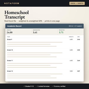Op de afbeelding: Een digitaal sjabloon voor een thuisonderwijs-transcript met de tekst NOTAFORM en EXCEL + SHEETS. Het document toont een academisch overzicht met kolommen voor studiepunten en cijfers, met leerjaren 9 tot 12 en bijbehorende waarden.