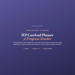 Pianificatore di carico di lavoro IEP per l'educazione speciale, monitoraggio dei progressi SpEd senza data, schede dati sugli obiettivi, lista di controllo per le riunioni, formato PDF A4