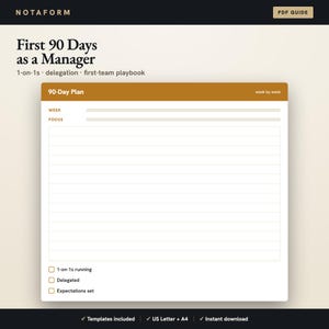 First 90 Days as a New Manager Kit, First Time Manager Guide eBook plus Excel Manager OS, Leadership Scripts, 1 on 1 and 90 Day Plan
