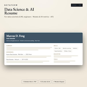 May include: A digital resume template titled Data Science & AI Resume by NOTAFORM. The document features a dark blue header with the name Marcus D. Feng, contact details, and sections for summary, experience, skills, education, and tools in Word and PDF.
