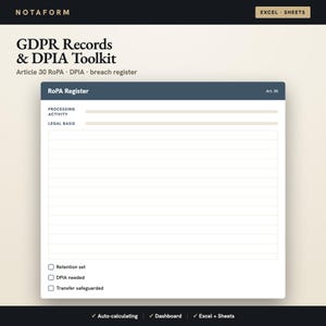 GDPR Records and DPIA Toolkit Excel, Article 30 RoPA Register, Breach Notification Log, Data Protection Template, Editable Spreadsheet