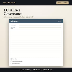 EU AI-wetgeving Governance Toolkit Excel, nalevingsinventarisatie, risicoclassificatie, conformiteits- en boetecalculator, bewerkbare spreadsheet