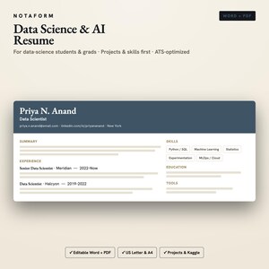 Puede incluir: Una plantilla de currículum digital para roles de ciencia de datos e IA titulada NOTAFORM. El documento presenta un encabezado azul oscuro con el nombre Priya N. Anand, datos de contacto y secciones para resumen, experiencia, habilidades y educación.