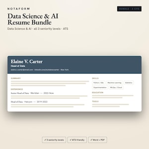 Puede incluir: Un paquete de currículum de Data Science & AI de NOTAFORM con una plantilla para Elaine V. Carter, Head of Data. El documento incluye secciones para resumen, experiencia, habilidades como Python/SQL y Machine Learning, educación y herramientas.