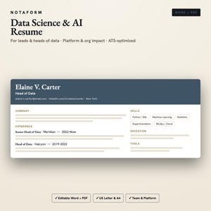 Peut inclure: Un modèle de CV numérique intitulé Data Science & AI Resume par NOTAFORM. Le document présente un en-tête bleu foncé avec le nom Elaine V. Carter, Head of Data, et des sections pour le résumé, l'expérience, les compétences, l'éducation et les outils.