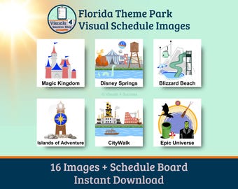 Florida Theme Park Images for Travel Visual Schedule | Autism | ABA | Neurodivergent Visual Schedule | Disney Schedule | Universal Schedule