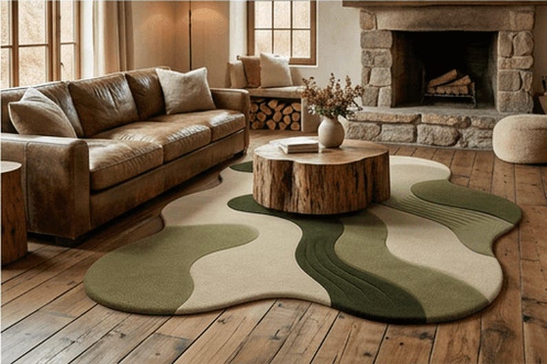 Hand Tufted Wool Area Rug: Modern Organic Shape, Olive Green Carpet ...