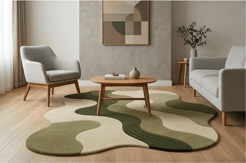 Hand Tufted Wool Area Rug: Modern Organic Shape, Olive Green Carpet ...