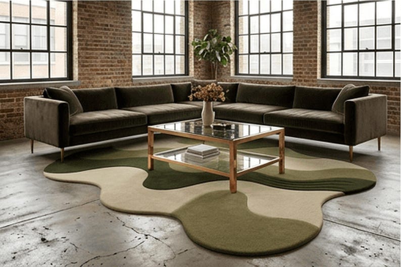Hand Tufted Wool Area Rug: Modern Organic Shape, Olive Green Carpet ...