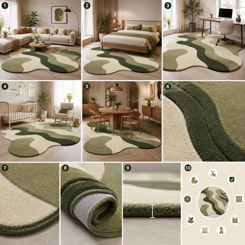 Hand Tufted Wool Area Rug: Modern Organic Shape, Olive Green Carpet ...