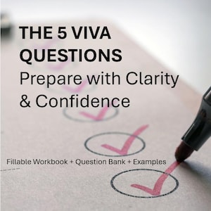 May include: A document titled THE 5 VIVA QUESTIONS Prepare with Clarity & Confidence, featuring a fillable workbook, question bank, and examples. A black marker is positioned on the page, which displays several circles with pink check marks.