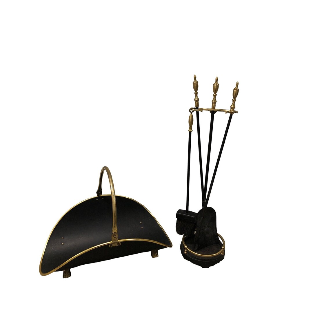 Vintage Fireplace Tools With Stand and Logwood Basket Black Etsy