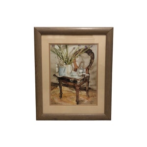 Vintage Tea Tray and Irises by Richard Akerman Watercolor Print Framed