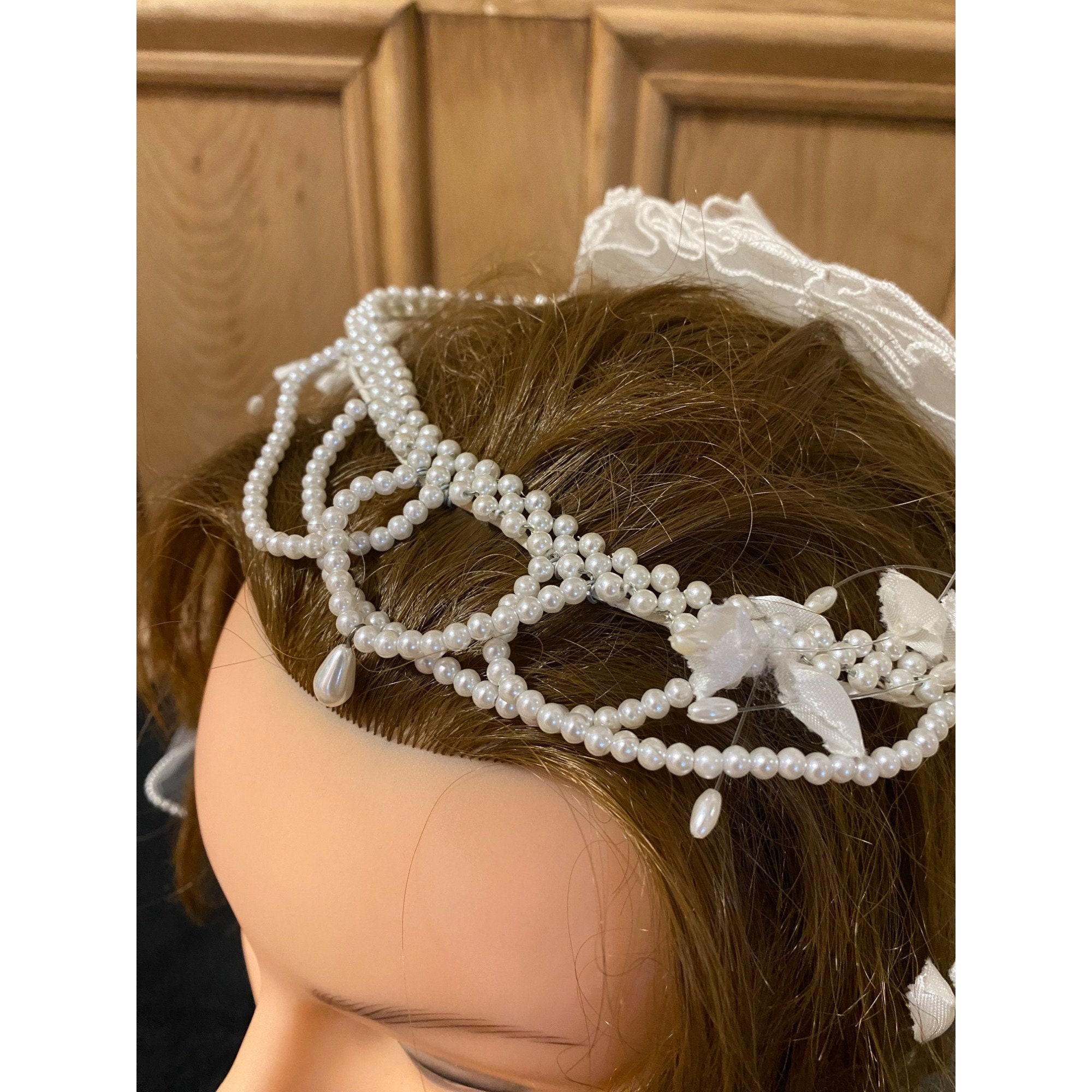 Vintage 2 Tier Viel Bridal Wedding Lace Tulle Tiered Pearls Headband $_57.JPG?set_id=880000500F main image 3