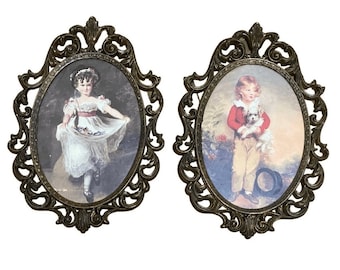 Wall Art Oval Ornate Framed Metal Victorian Picture Girl Boy Florentia Italy VTG