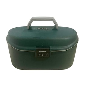 May include: A dark green Samsonite travel case with a grey handle. The case has a combination lock and a secure latch. The top of the case has three small buttons. The case is oval-shaped and appears to be made of durable plastic.
