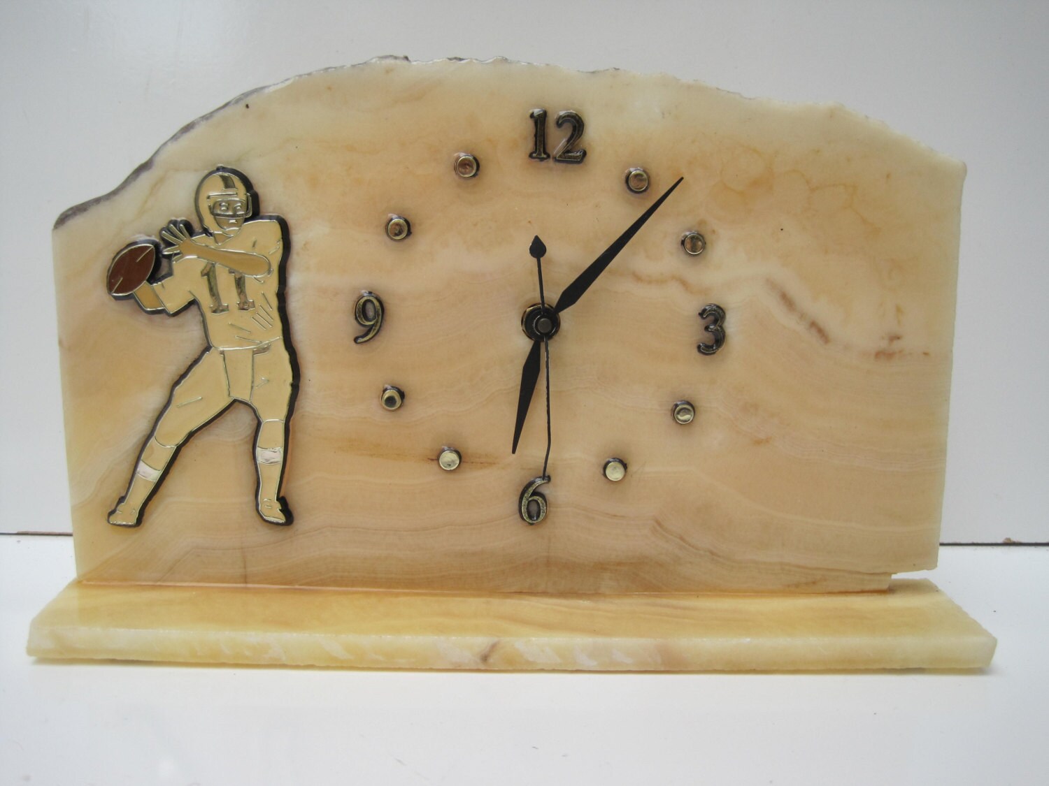 Vintage Honey Onyx Gemstone Clock American Football Theme