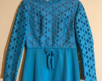VINTAGE Womens Dress 6-8 Festival Blue Maxi Long Sleeve Embroidered Lace Trim
