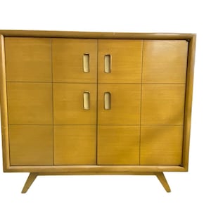 Könnte beinhalten: Ein Mid-Century-Modern-Schrank mit zwei Türen und einer Holzmaserung. Der Schrank hat eine rechteckige Form und steht auf vier Beinen. Die Türen haben ein Gittermuster und Messinggriffe.