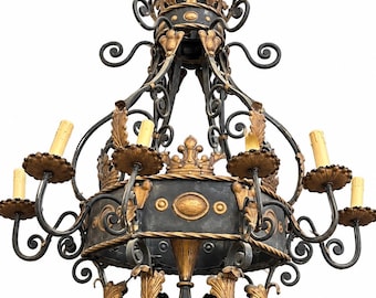 Antique French Gothic Revival Crown Chandelier Wrought Iron 12 Lights