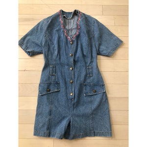 Vintage Romper Jumpsuit Cowgirl Western Country Blue Denim Womens