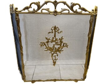 Vintage French Provincial Style Bird & Flower Design Brass Fireplace Screen