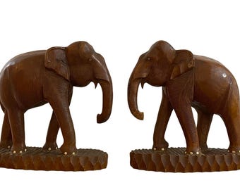 Vintage Teak Wood Hand Carved Elephants - Sculpures Bookends