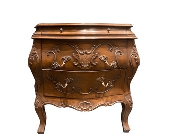 English Style Carved Wood Bombe Walnut Chest Nightstand Vintage