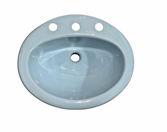 Lavabo ovalado de cerámica azul claro estilo MCM Briggs 6505 vintage