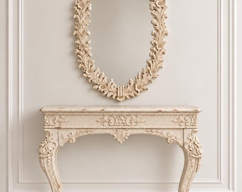 Juego de estilo rococó de Turner MFG Co. Mesa consola ovalada ornamentada color crema envejecido con espejo