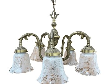 Vintage Spanish Neoclassical Style Etched Frosted Glass 5 Light Chandelier
