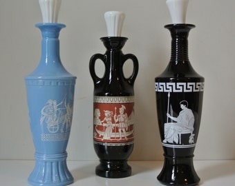 Set of 3 Greek Amphora Glass Liquor Empty Collectible Bottle Decanter Ancient Greek 12&quot; High Vintage E370Bz