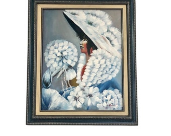 Vintage Oil Painting Black Lady with Dandelion Signed Henri