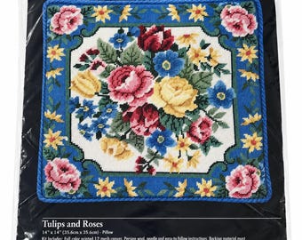 Vintage 1996 Bucilla Tulips & Roses Pattern 14" x 14" Needlepoint Kit 4719